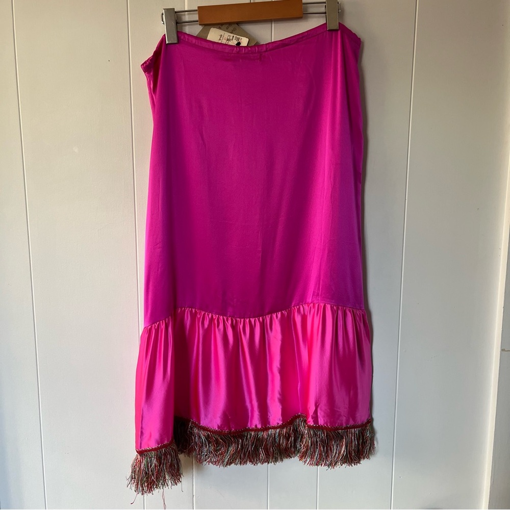 NWT Vintage Petro Zillia Fuchsia 100% Silk Ruffle Fringe drawstring skirt Pink - Picture 6 of 11